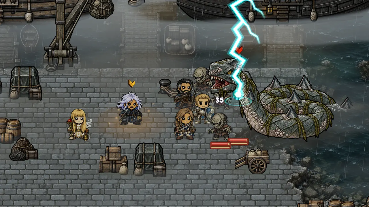 A rainy stone quay where the company faces drowned crewmen and a huge barnacled sea serpent struck by lightning