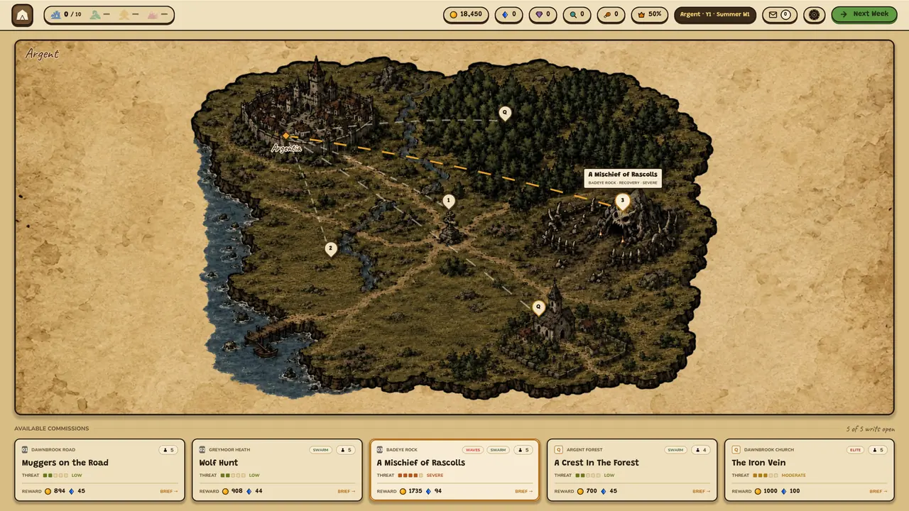 The Argent region map with mission markers, above a row of commission cards showing threat ratings and gold rewards
